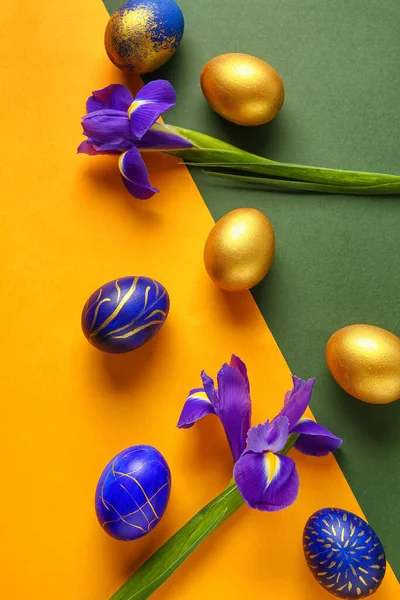 Stílusos Húsvéti Tojás Virágok Színes Háttér — Stock Fotó