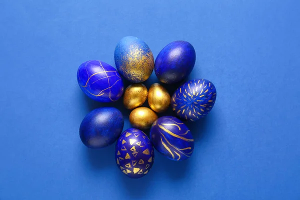 Stylish Easter Eggs Blue Background — Stock Photo, Image