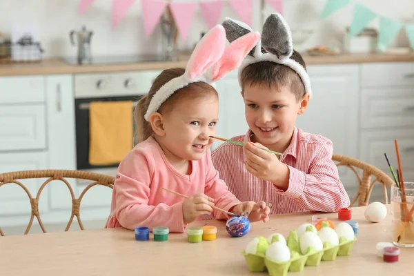 Cute Little Boy Bunny Ears His Sister Painting Easter Eggs — Stock Photo, Image