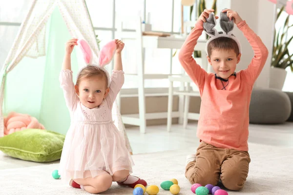 Cute Little Children Bunny Ears Easter Eggs Home — Stock Photo, Image