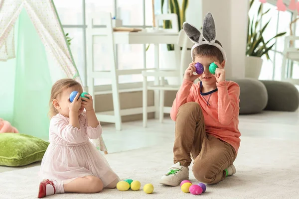 Cute Little Children Bunny Ears Easter Eggs Home — Stock Photo, Image