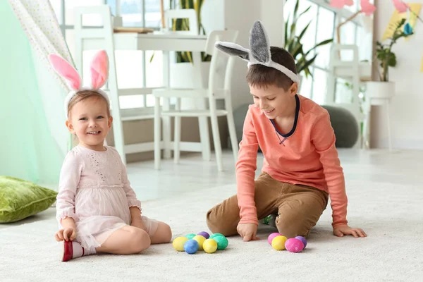 Cute Little Children Bunny Ears Easter Eggs Home — Stock Photo, Image