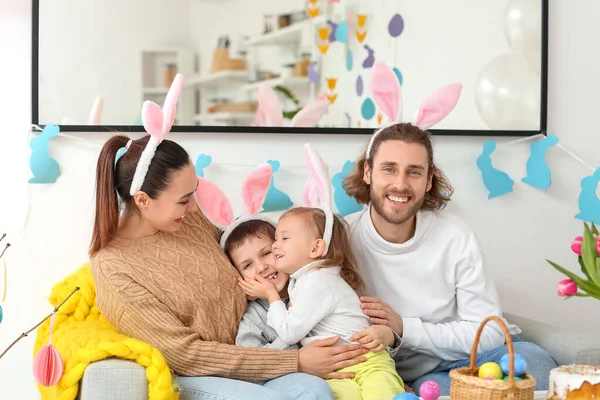 Happy Family Bunny Ears Home Easter Day — Stock Photo, Image