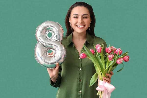 Happy Young Woman Bouquet Balloon Shape Figure Green Background International — Stock Photo, Image
