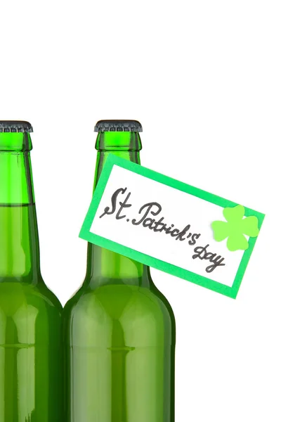 Bottles Beer Card Patrick Day Celebration White Background — Stock Photo, Image
