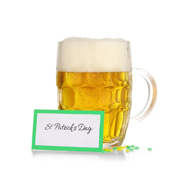 Glas Bier Kaart Voor Patrick Day Viering Witte Achtergrond — Stockfoto