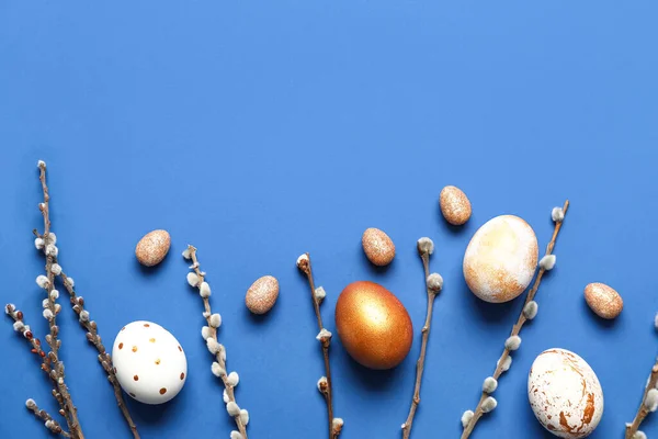 Composition Easter Eggs Pussy Willow Branches Blue Background — Foto Stock