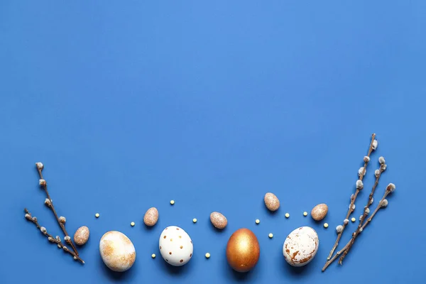 Composition Easter Eggs Pussy Willow Branches Blue Background — Stock Photo, Image