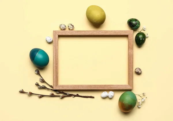 Composition Photo Frame Easter Eggs Pussy Willow Branches Beige Background — 스톡 사진