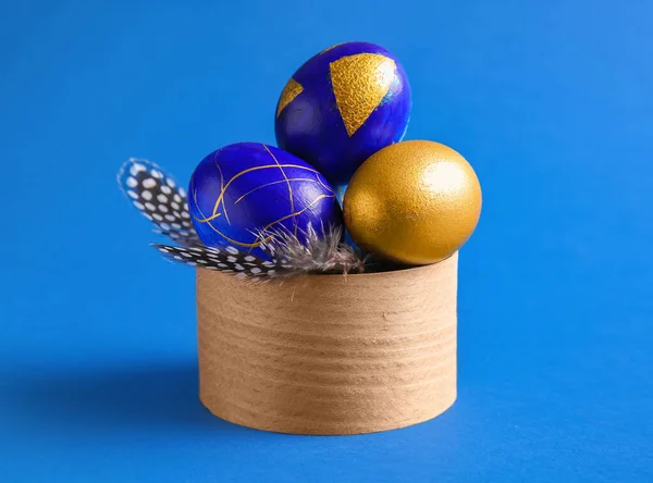 Box Stylish Easter Eggs Blue Background Stock Photo