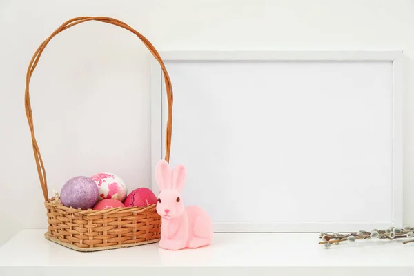 Composition Photo Frame Easter Eggs Bunny Pussy Willow Branches Table — Stok fotoğraf