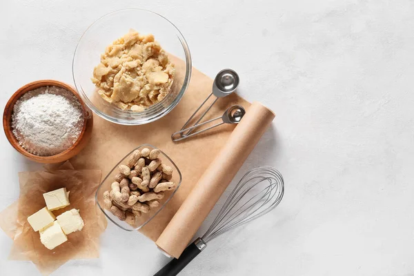 Bowl Fresh Dough Ingredients Preparing Peanut Cookies White Background — Stock Photo, Image