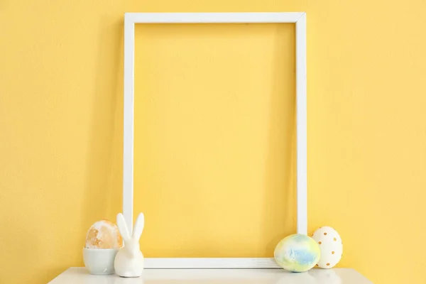 Empty Picture Frame Easter Eggs Decorative Rabbit Color Background — Stock Photo, Image