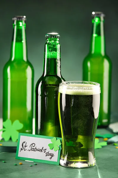 Glass Bottles Beer Green Background Patrick Day Celebration — Stock Photo, Image