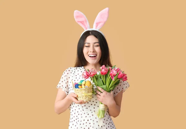 Beautiful Asian Woman Bunny Ears Easter Basket Color Background — Stock Photo, Image