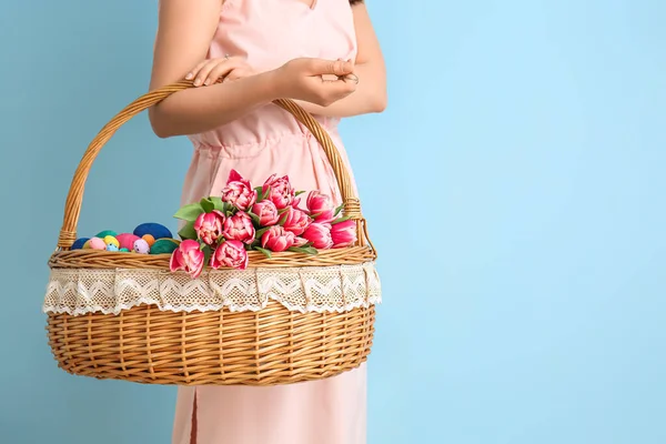 Beautiful Woman Easter Basket Color Background — Stock Photo, Image