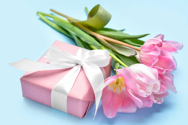 Gift Box Beautiful Tulip Flowers Color Background Closeup International Women — Stock Photo, Image