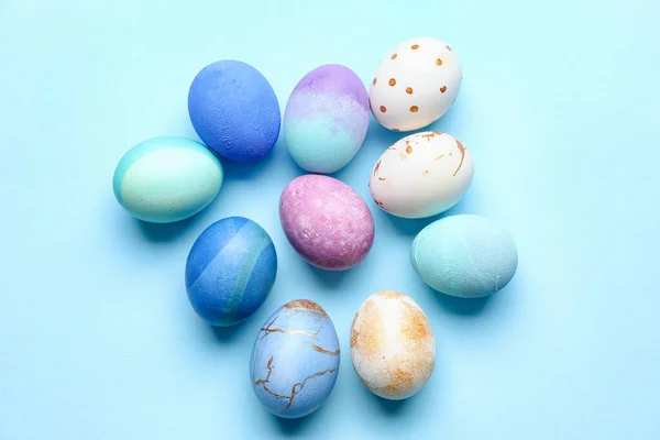 Molte Belle Uova Pasqua Sfondo Blu — Foto Stock