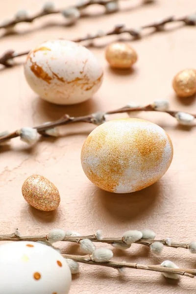 Beautiful Easter Eggs Pussy Willow Branches Color Background Closeup — Stock Photo, Image