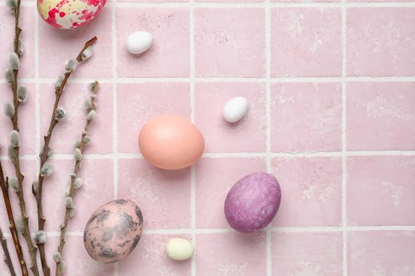 Composition Beautiful Easter Eggs Pussy Willow Branches Color Tile — Stockfoto