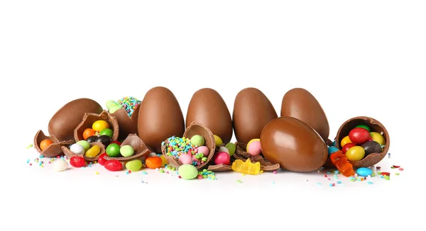 Delicious Chocolate Easter Eggs Different Candies White Background — Stock Photo, Image