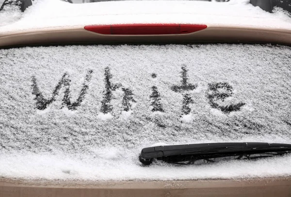 Word White Written Car Window Covered Snow — Stock Photo, Image