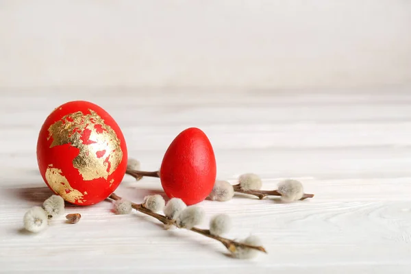 Beautiful Easter Eggs Pussy Willow Branches Light Wooden Table — 스톡 사진