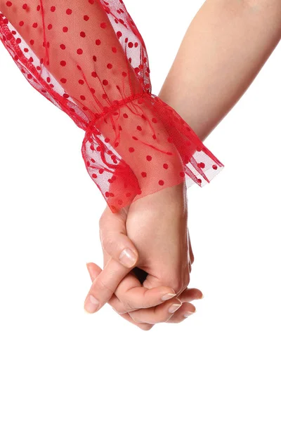 Jovens Mulheres Mãos Dadas Fundo Branco Close — Fotografia de Stock