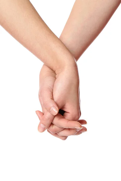 Young Women Holding Hands White Background Closeup — Stock Photo, Image