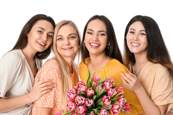 Hermosas Mujeres Con Ramo Flores Sobre Fondo Blanco Celebración Del — Foto de Stock