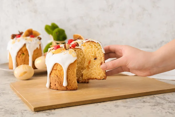 Woman Eating Tasty Easter Cake Table — Stock Photo, Image