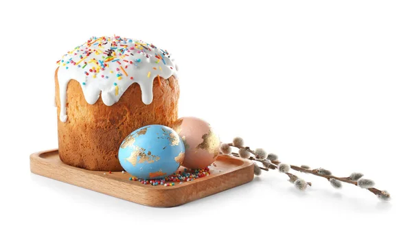 Wooden Board Delicious Easter Cake Pussy Willow Branches Eggs White — 스톡 사진