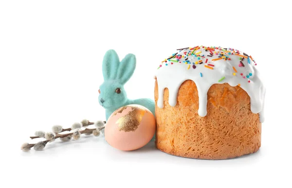 Delicious Easter Cake Egg Pussy Willow Branches White Background — 스톡 사진