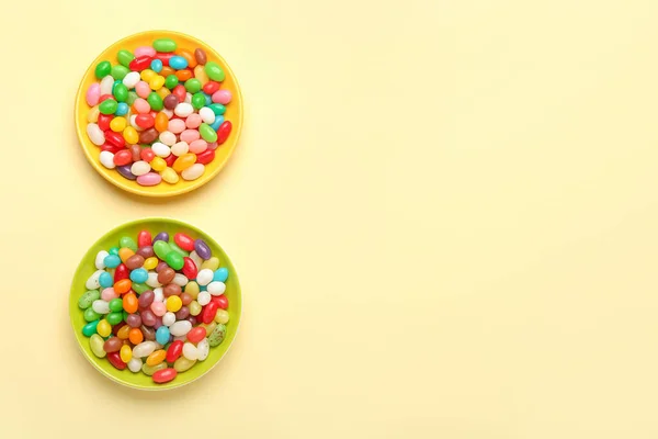 Plates Different Jelly Beans Beige Background — Stock Photo, Image
