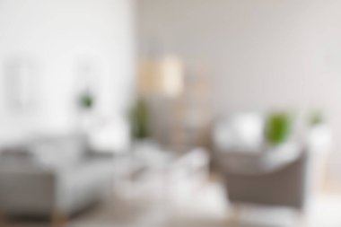 Koltuğu, koltuğu ve lambası olan bulanık bir oturma odası.