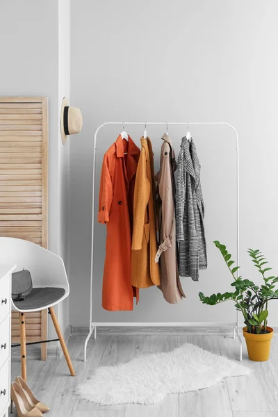 Rack Stylish Spring Outwear Houseplant White Wall Hallway — Stock Photo, Image