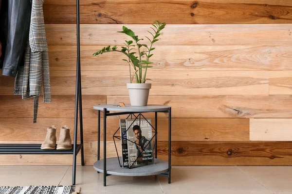 Table Houseplant Magazine Stand Wooden Wall — Stock Photo, Image