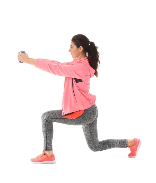 Jovem Mulher Esportiva Treinando Com Halteres Fundo Branco — Fotografia de Stock