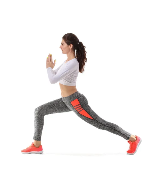Young Sporty Woman Exercising White Background — Stock Photo, Image