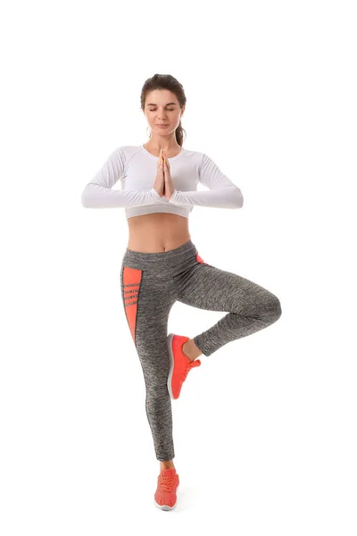 Junge Sportliche Frau Praktiziert Yoga Auf Weißem Hintergrund — Stockfoto
