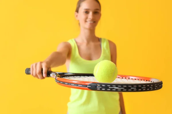 Sporty Young Woman Tennis Racket Ball Yellow Background Closeup — Stock Photo, Image