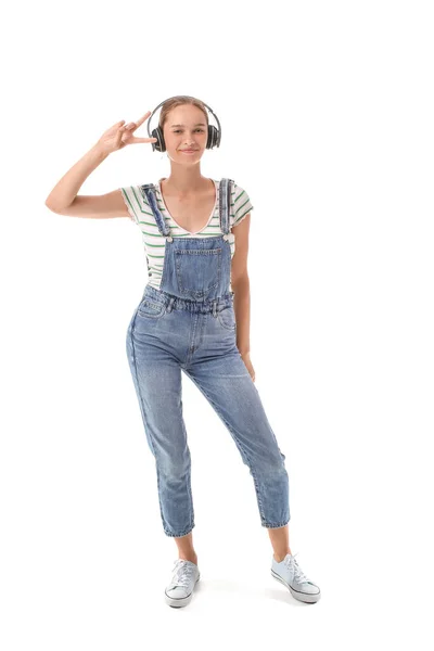 Young Woman Denim Jumpsuit Headphones White Background — Stock Photo, Image