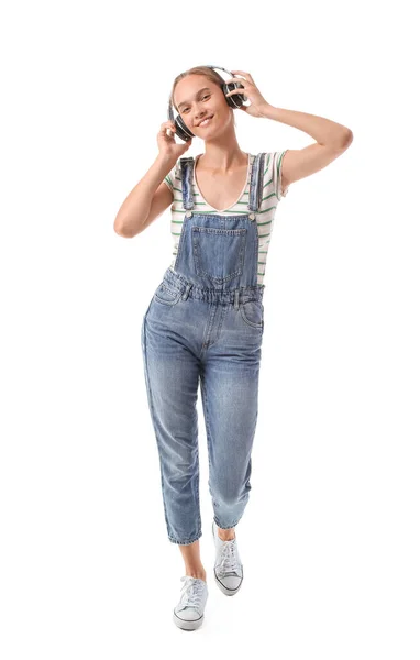 Young Woman Denim Jumpsuit Headphones White Background — Stock Photo, Image
