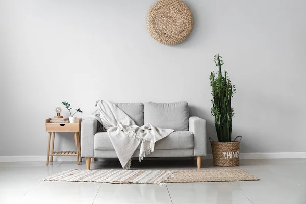 Interior Light Living Room Grey Sofa Table Houseplants — Stock Photo, Image