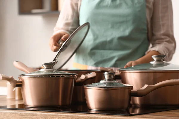 Woman Copper Pots Cooking Kitchen Closeup — Stock Photo, Image