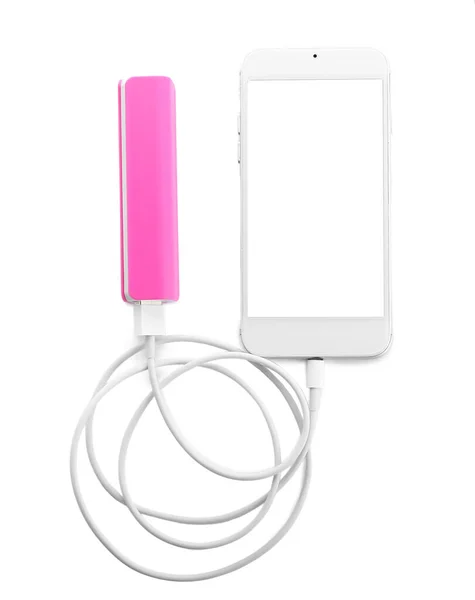 Розовый Банк Питания Мобильного Телефона Белом Фоне — стоковое фото