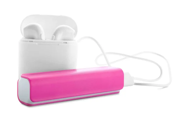 Pink Power Bank Earphones White Background — Stock Photo, Image