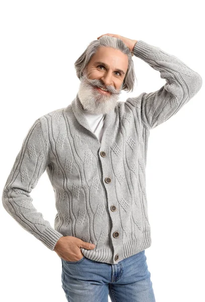 Handsome Senior Man Knitted Sweater White Background — Stock Photo, Image