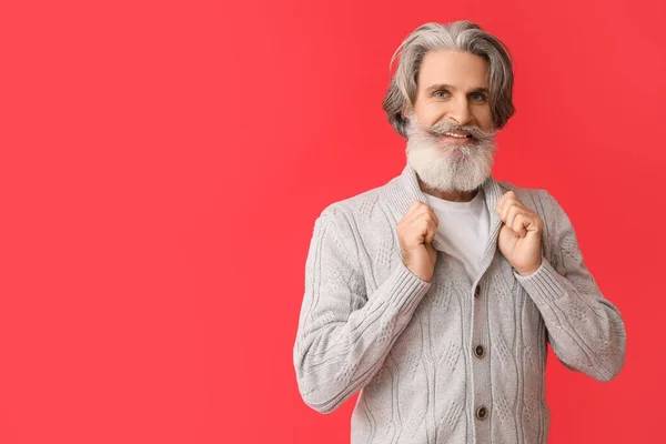 Handsome Senior Man Knitted Sweater Red Background — Stock Photo, Image