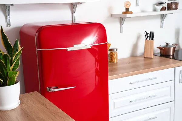 Stylish Red Fridge Light Wall Kitchen — Stock Photo, Image